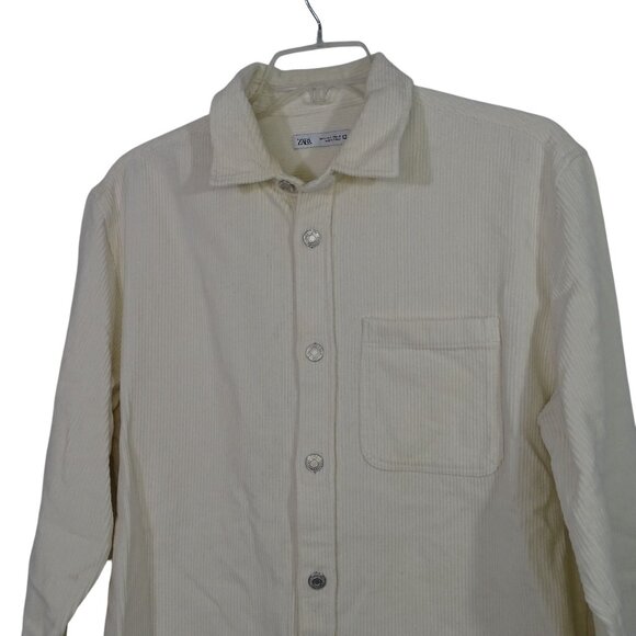 Zara Beige Button Up Collared Corduroy Shirt Men Size L Long Sleeve - Picture 2 of 7